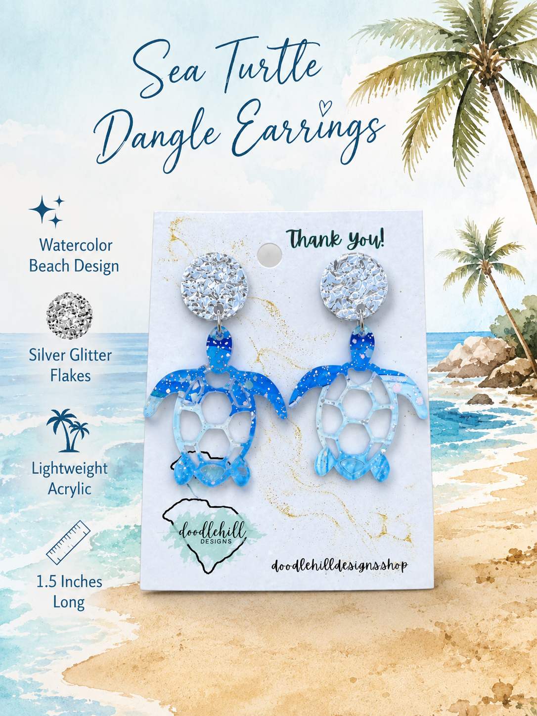"Watercolor sea turtle acrylic earrings with silver glitter accents displayed beside a coastal coffee table book, candle, coral decor, and sea oats."