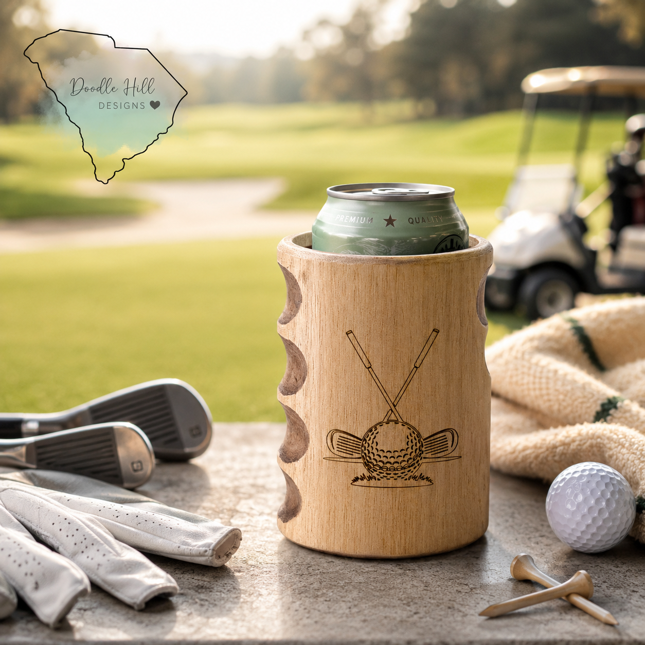 Wooden Golf drink Holder | 12 oz Insulated Drink Holder for Golfers | Rustic Golf Beer Koozie with Finger Comfort Grip