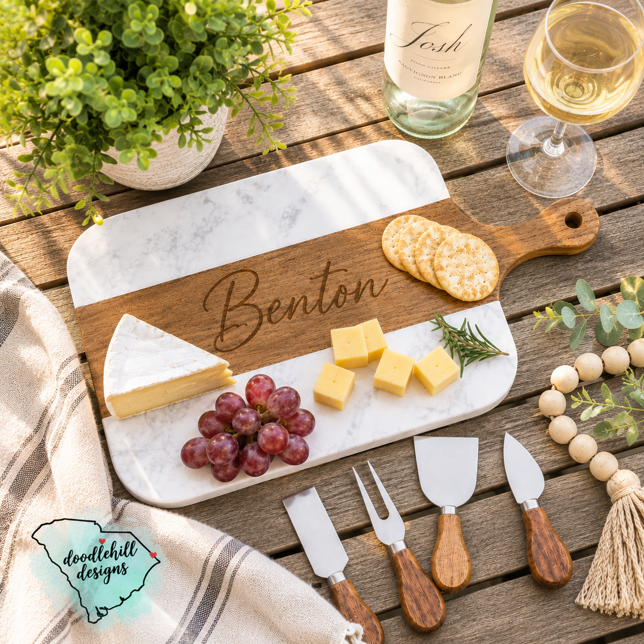 Custom Marble & Acacia Wood Serving Board Set with 4 Cheese Tools | Personalized Charcuterie Board | Engraved Serving Tray | Housewarming Gift | Wedding Gift