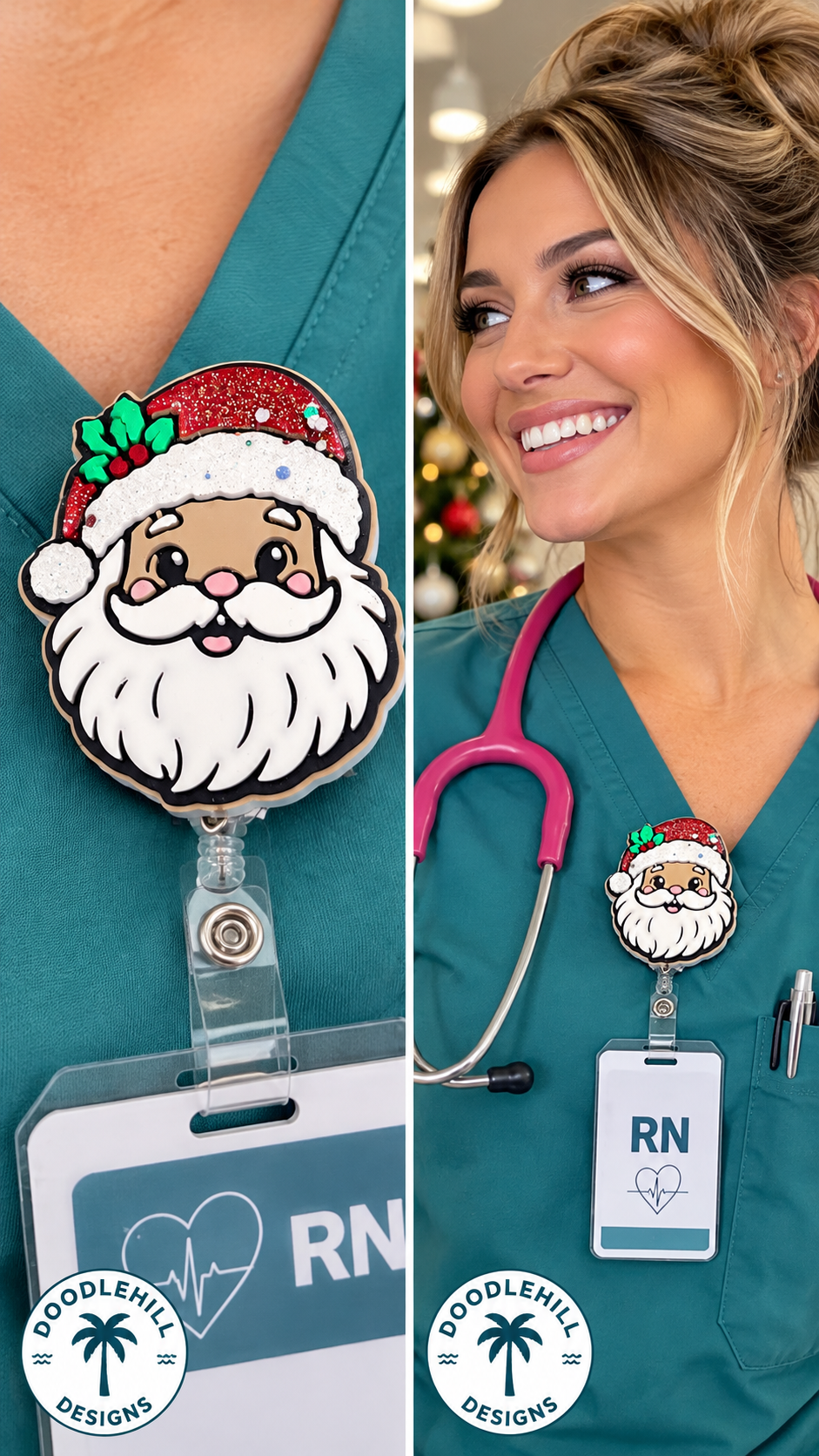 Glitter Santa Christmas Badge Reel | 3D Printed Holiday ID Holder for Nurses & Healthcare Workers