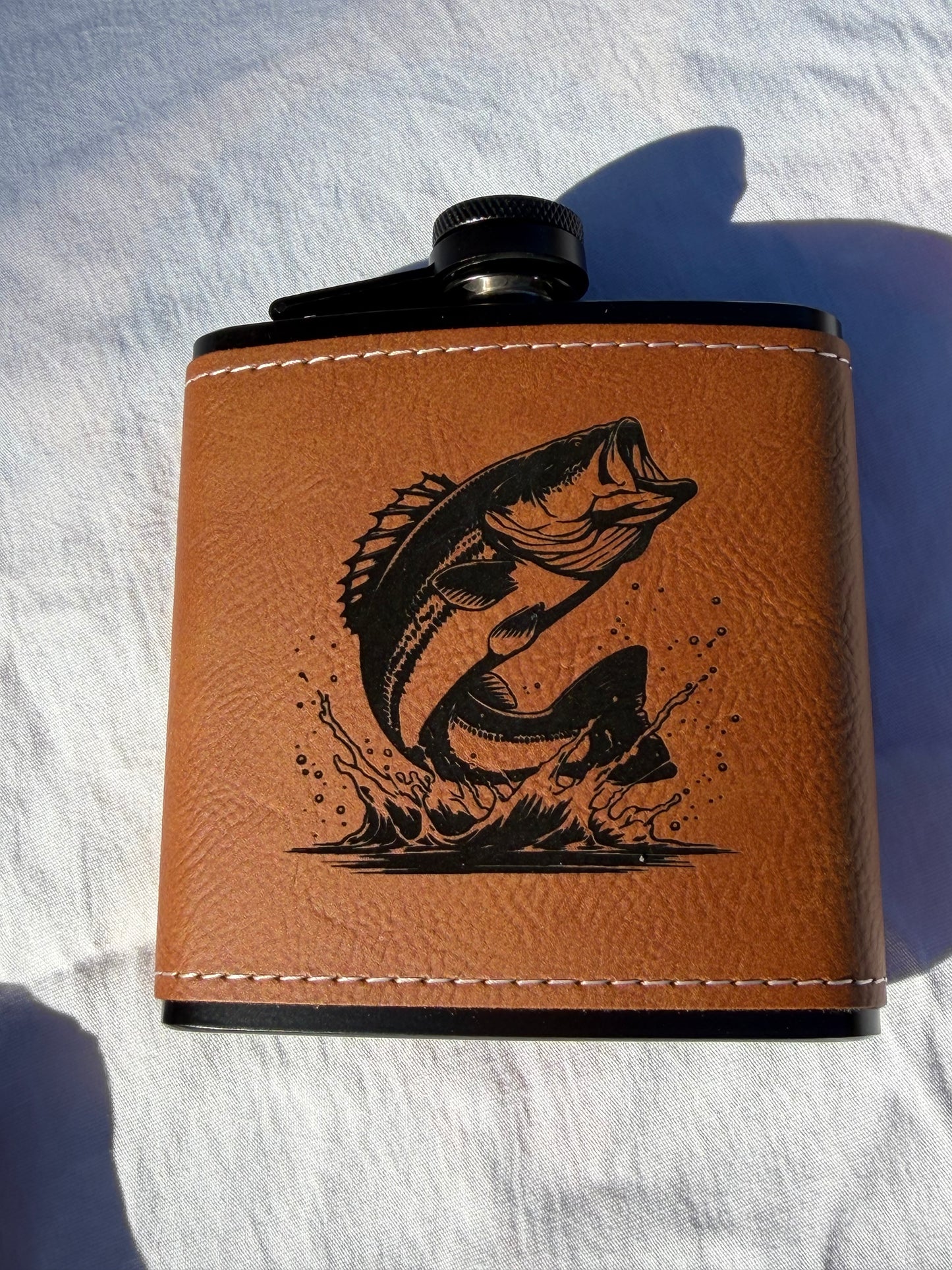 8oz Leatherette Wildlife Flask – Deer & Bass Engraved Flask | Hunting & Fishing Gifts | Outdoorsman Gift | Insulated Pocket Flask for Men