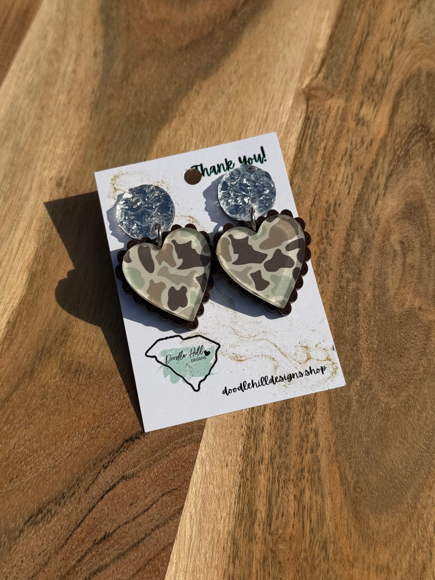 Duck Camo Valentine’s Day Heart Earrings – Lightweight Acrylic Camo Earrings for Outdoorsy & Western Style