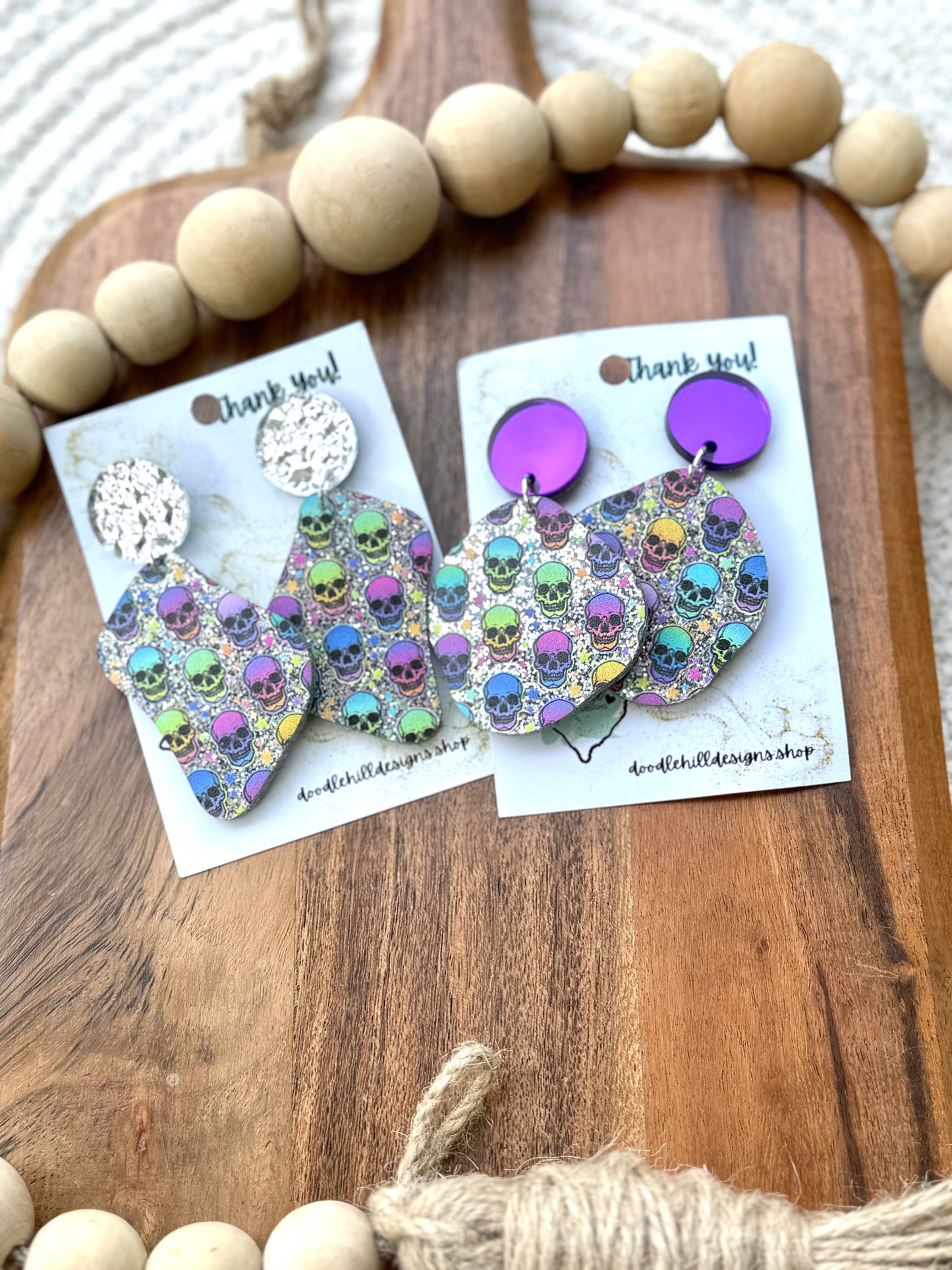 Rainbow Sugar Skull Acrylic Earrings – Silver Glitter Base