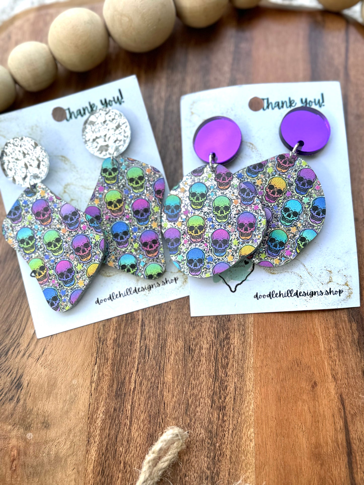 Rainbow Sugar Skull Acrylic Earrings – Silver Glitter Base
