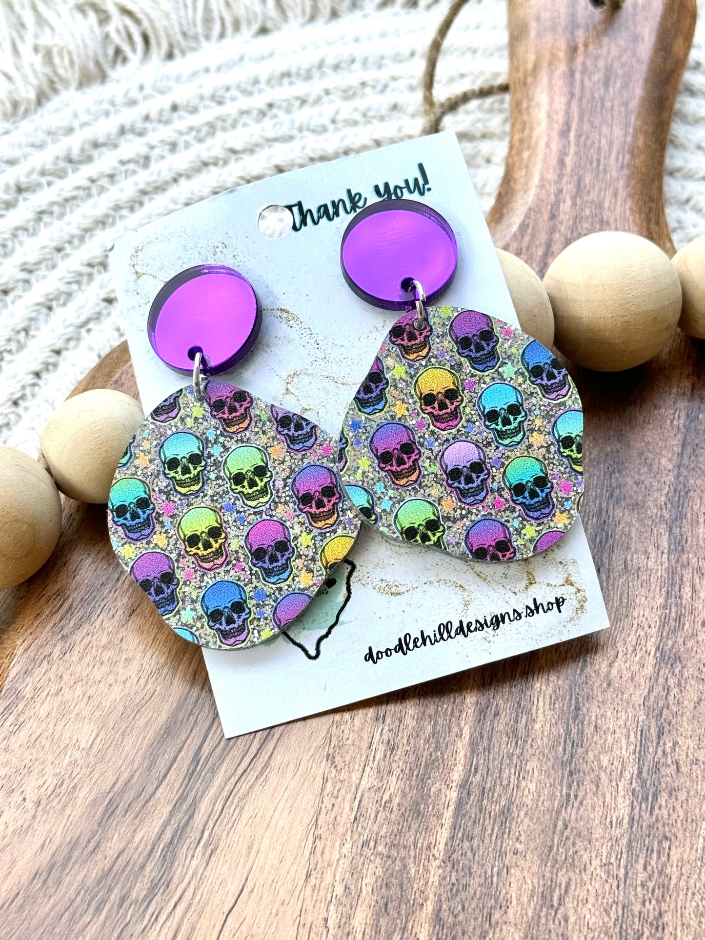 Rainbow Sugar Skull Acrylic Earrings – Silver Glitter Base