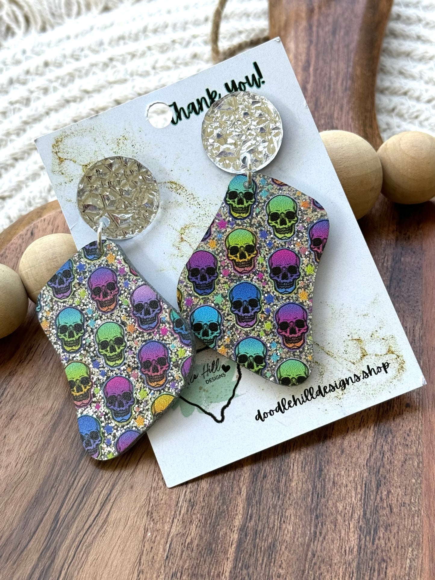 Rainbow Sugar Skull Acrylic Earrings – Silver Glitter Base