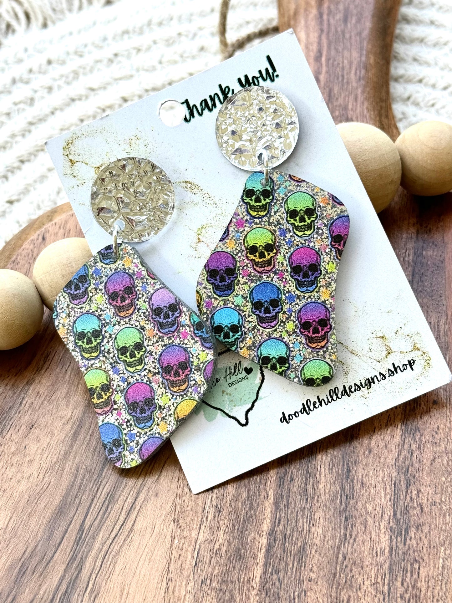 Rainbow Sugar Skull Acrylic Earrings – Silver Glitter Base