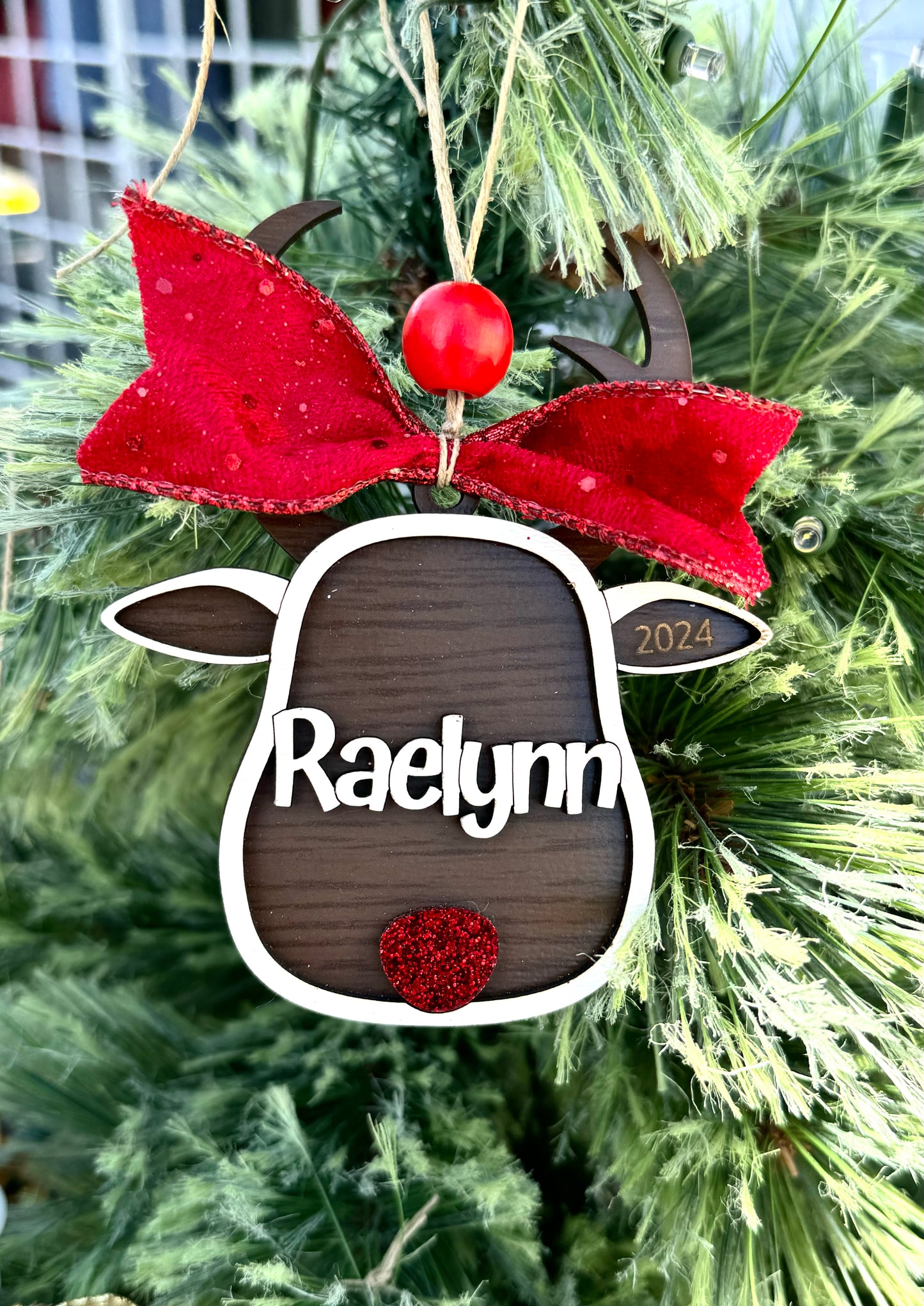 Personalized Reindeer Christmas Ornament – Custom Name Rudolph with Bow – Kids Name Ornament – 2025 Holiday Tree Keepsake