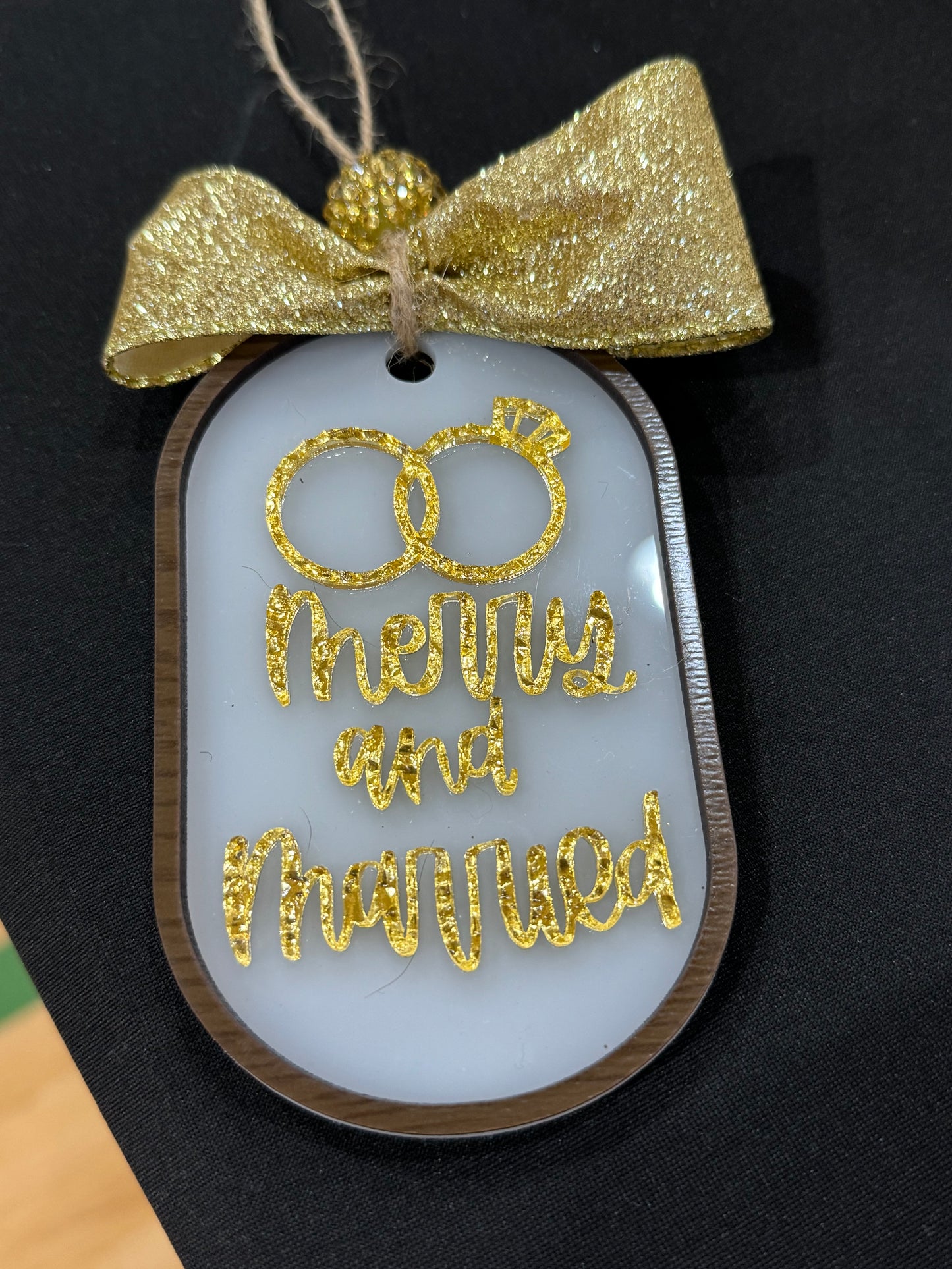 Merry and Married Christmas Ornament – Newlywed Wedding Gift, Glitter Gold Holiday Décor, Personalized Couple Ornament 2025