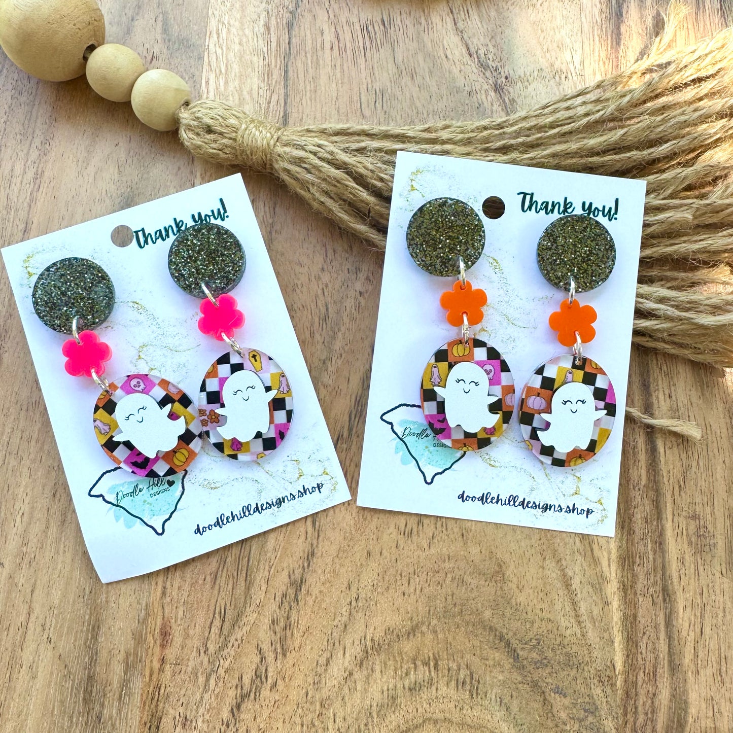 Ghost Glam Halloween Earrings β orange, pink and black checkerboard acrylic with Orange or Pink glossy flower