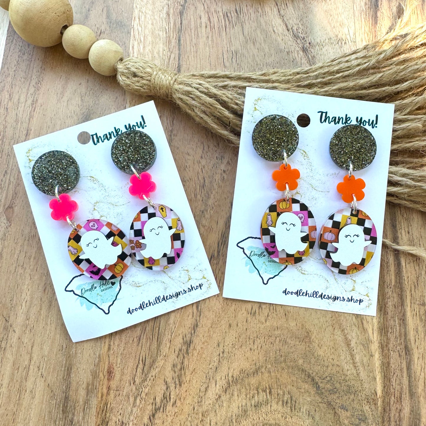 Ghost Glam Halloween Earrings β orange, pink and black checkerboard acrylic with Orange or Pink glossy flower