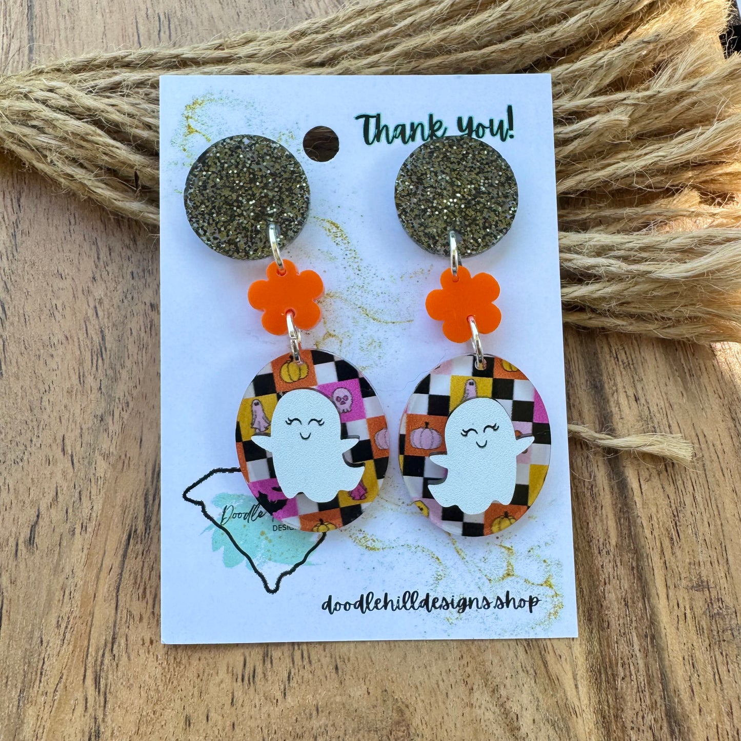 Ghost Glam Halloween Earrings β orange, pink and black checkerboard acrylic with Orange or Pink glossy flower