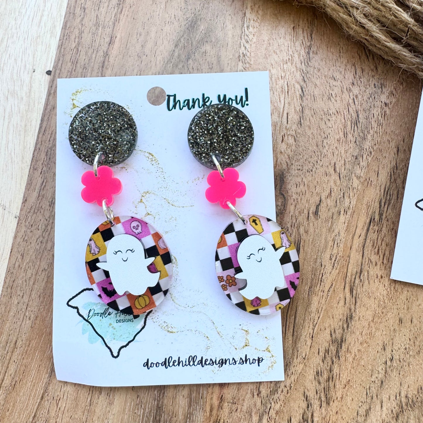 Ghost Glam Halloween Earrings β orange, pink and black checkerboard acrylic with Orange or Pink glossy flower