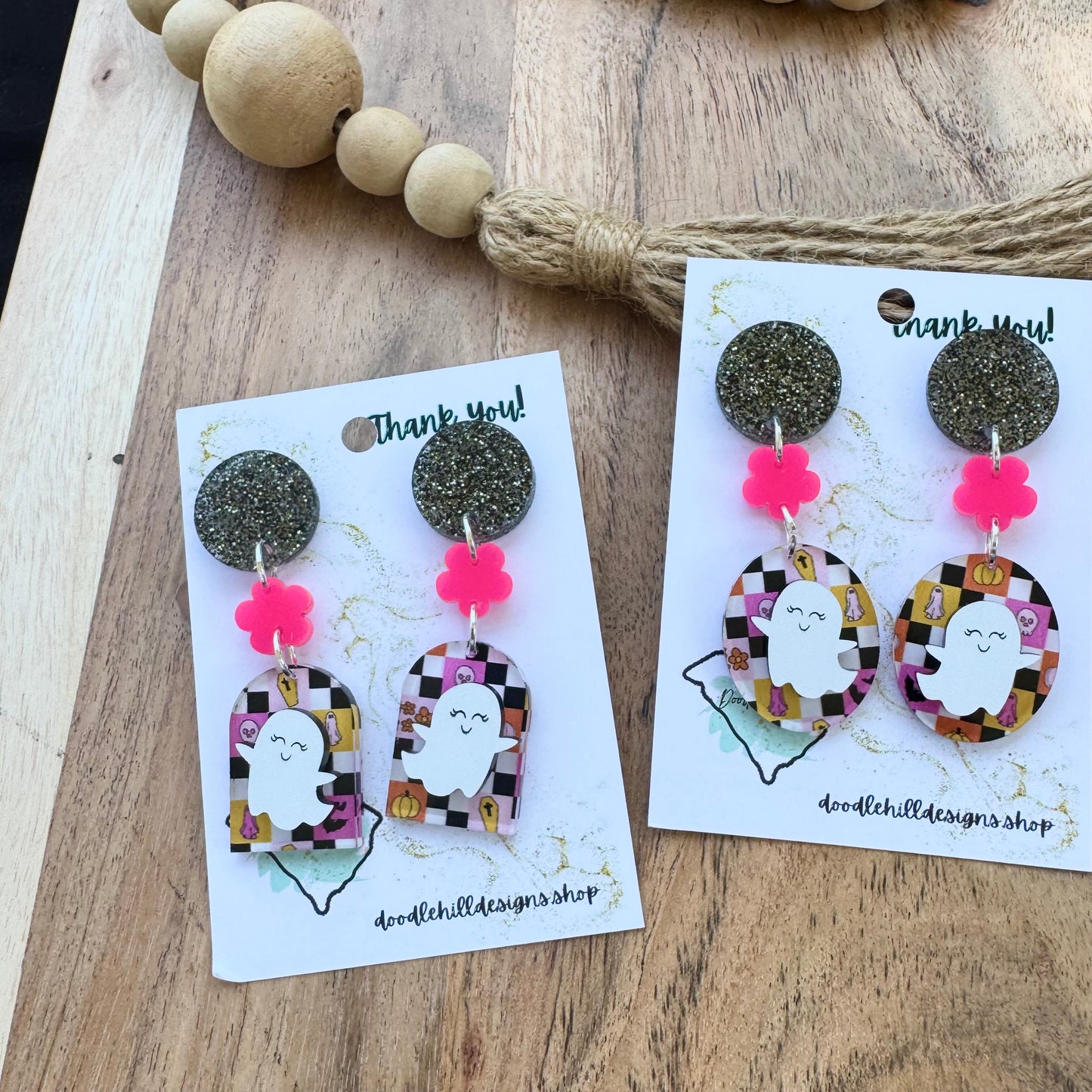 Ghost Glam Halloween Earrings β orange, pink and black checkerboard acrylic with Orange or Pink glossy flower