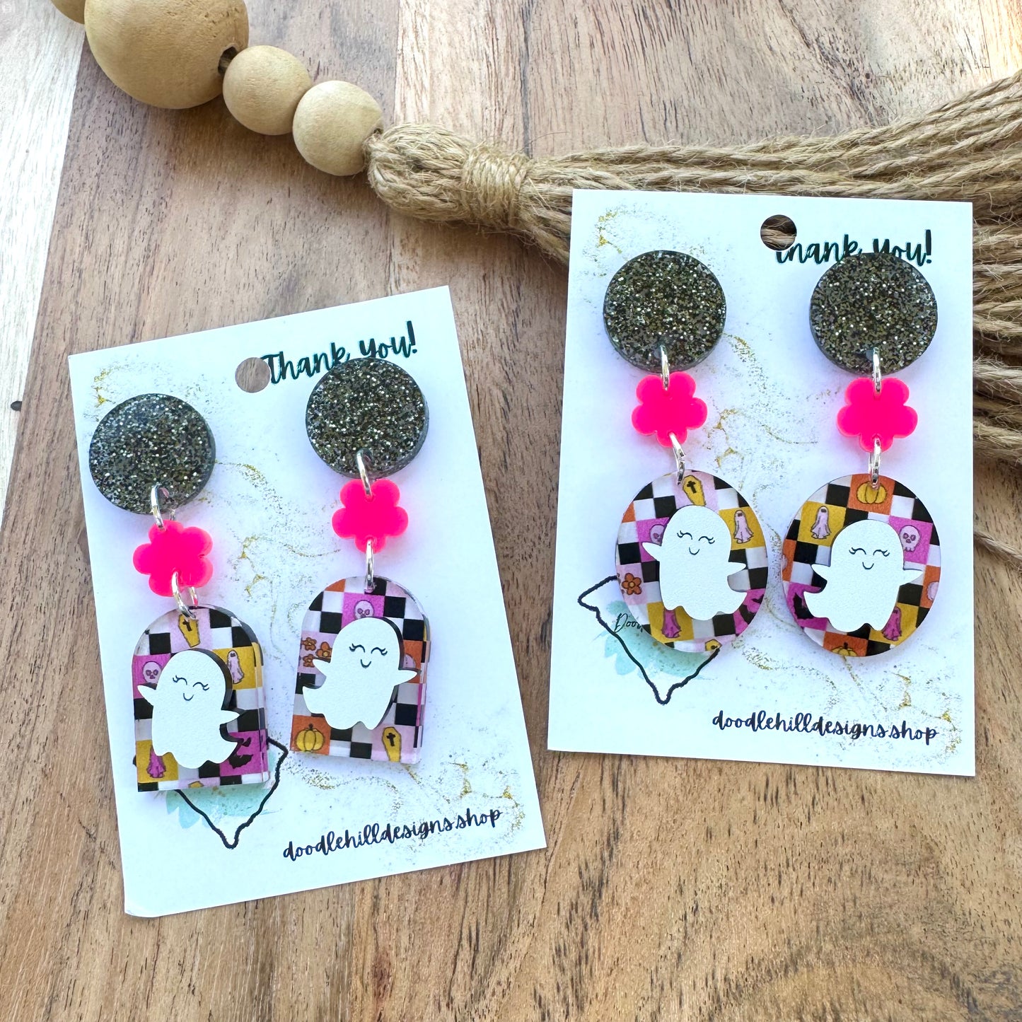Ghost Glam Halloween Earrings β orange, pink and black checkerboard acrylic with Orange or Pink glossy flower