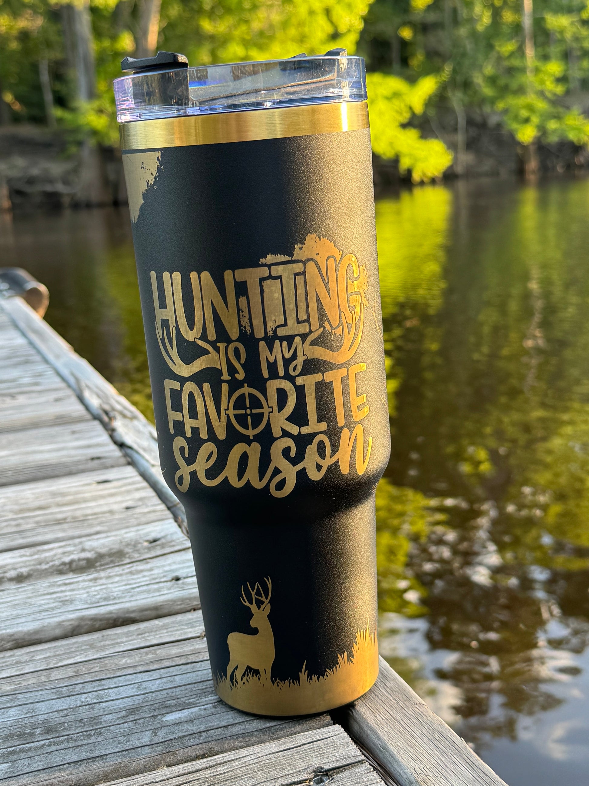 40 oz Stainless Steel Tumbler - Deer hunting Scene | Laser Engraved Wildlife Design | Hot & Cold Drink Insulation