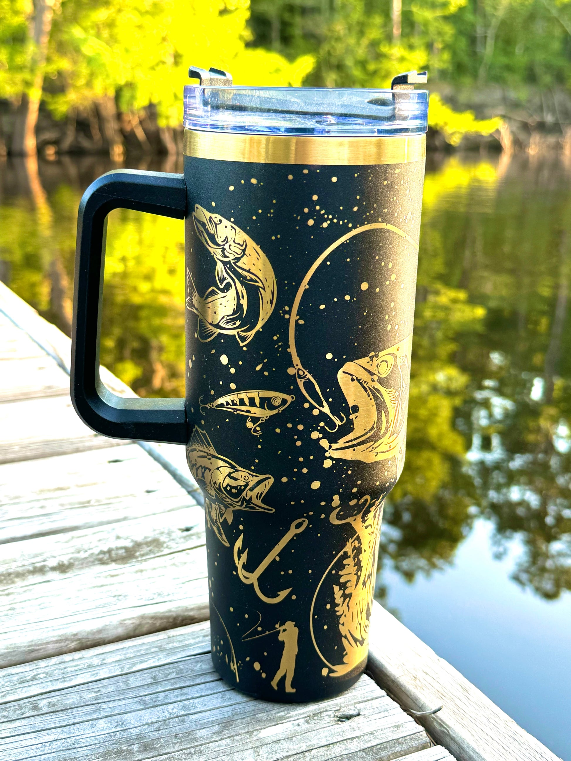 40 oz Stainless Steel Tumbler - Fishing Scene | Laser Engraved Wildlife Design | Hot & Cold Drink Insulation | Durable