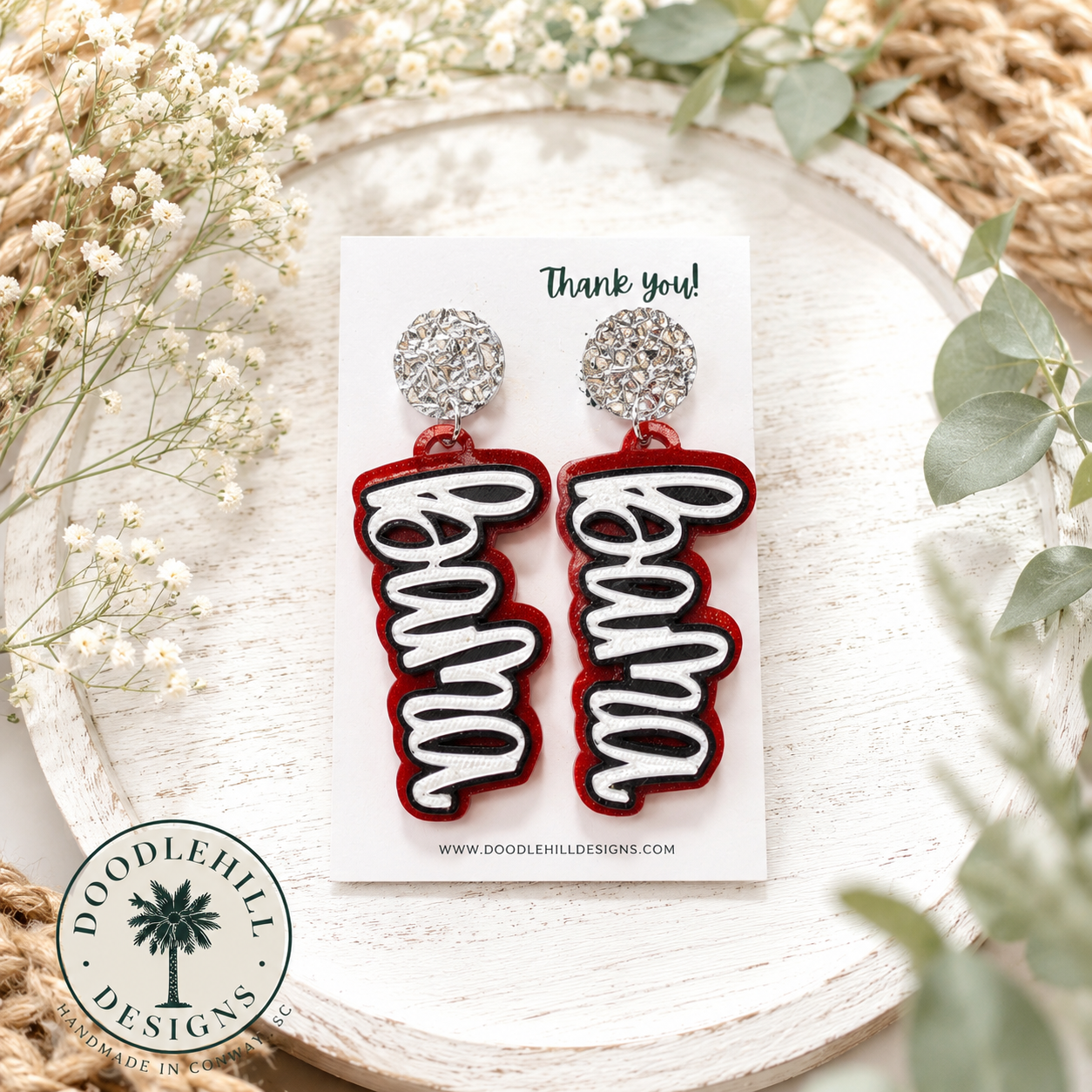 Bama Script Earrings | 3D Printed Glitter Game Day Earrings | Handmade Lightweight Alabama Football Earrings