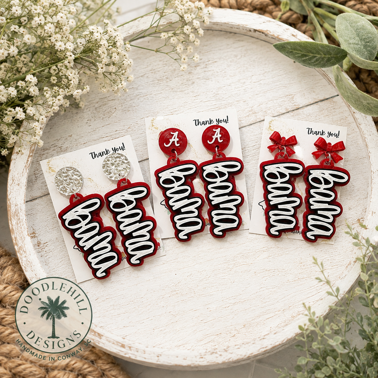 Bama Script Earrings | 3D Printed Glitter Game Day Earrings | Handmade Lightweight Alabama Football Earrings