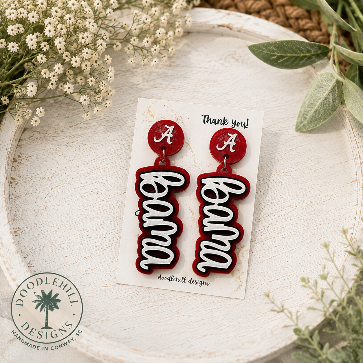 Bama Script Earrings | 3D Printed Glitter Game Day Earrings | Handmade Lightweight Alabama Football Earrings