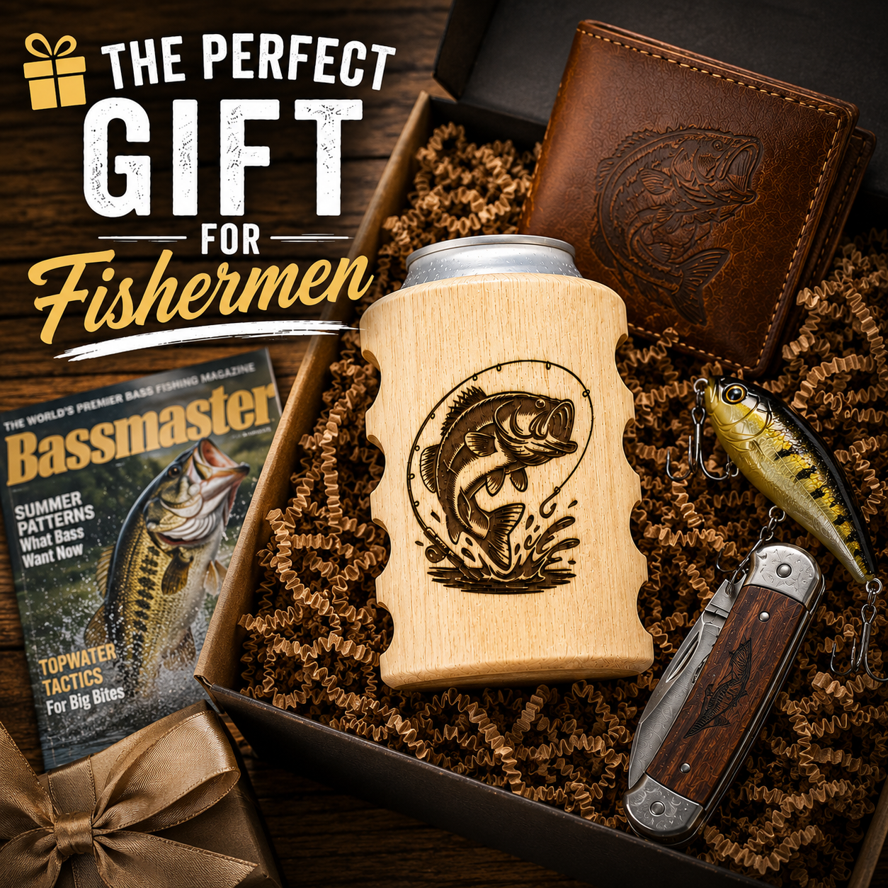Fish Engraved Wooden Can Holder with Finger Grips | Insulated Beer & Soda Holder | Father's Day Gift for Fishermen