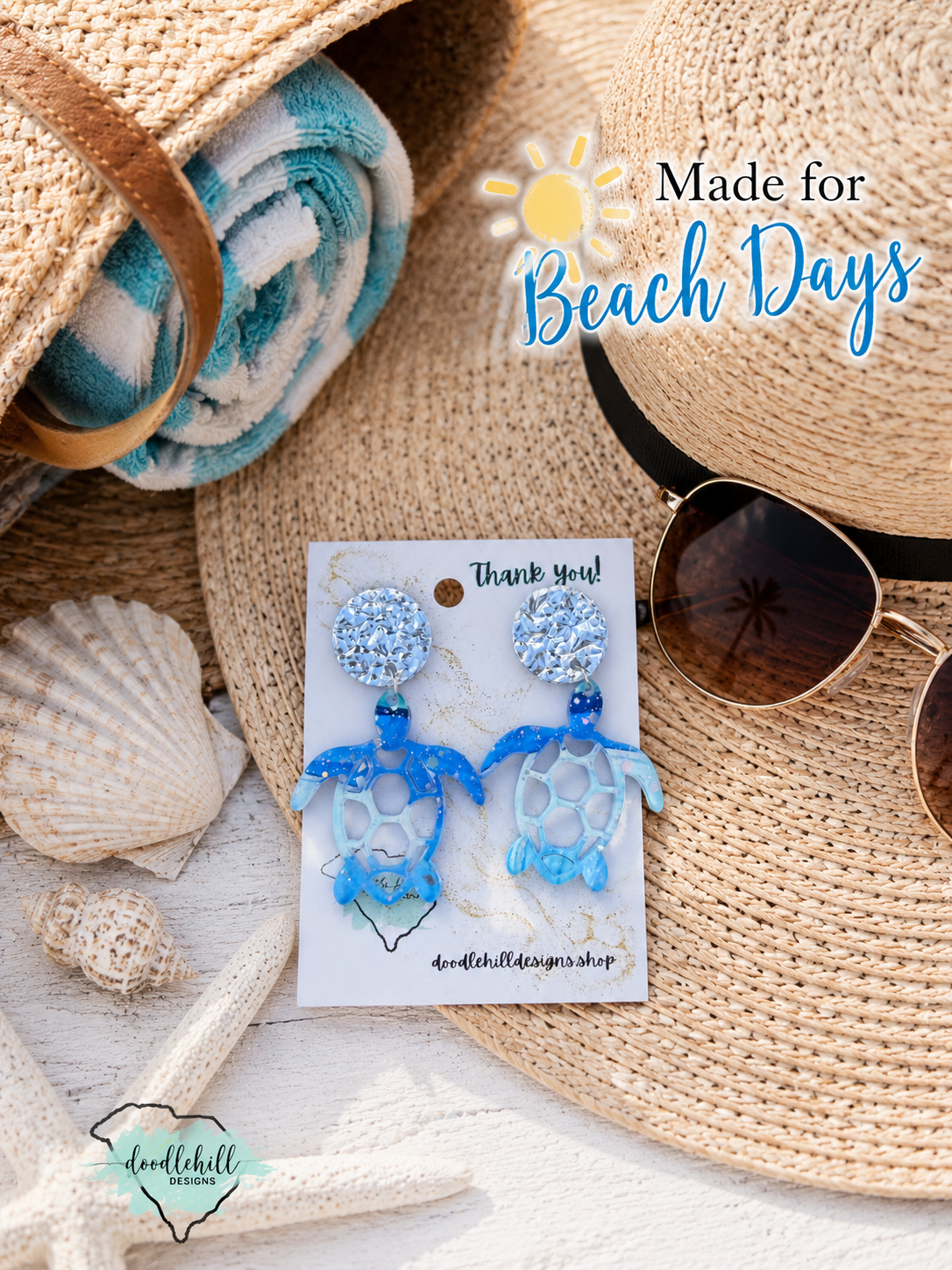 "Handmade sea turtle earrings featuring watercolor beach artwork and silver glitter flakes."
"Coastal sea turtle acrylic earrings styled with beach-themed decor and ocean-inspired colors."
"Lightweight sea turtle dangle earrings with watercolor design and sparkling silver accents."
"Beach lover gift featuring watercolor sea turtle earrings in a coastal lifestyle display."
