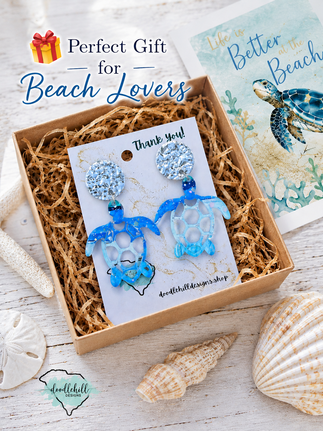 "Watercolor sea turtle acrylic earrings in a kraft gift box with raffia filler, seashell accents, and coastal-inspired styling." 🐢🎁🌊
