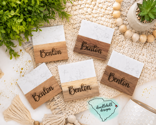 Personalized Marble & Acacia Wood Coaster Set with Marble Stand | Engraved 4x4 Coasters | Custom Housewarming Gift | Wedding Gift Set