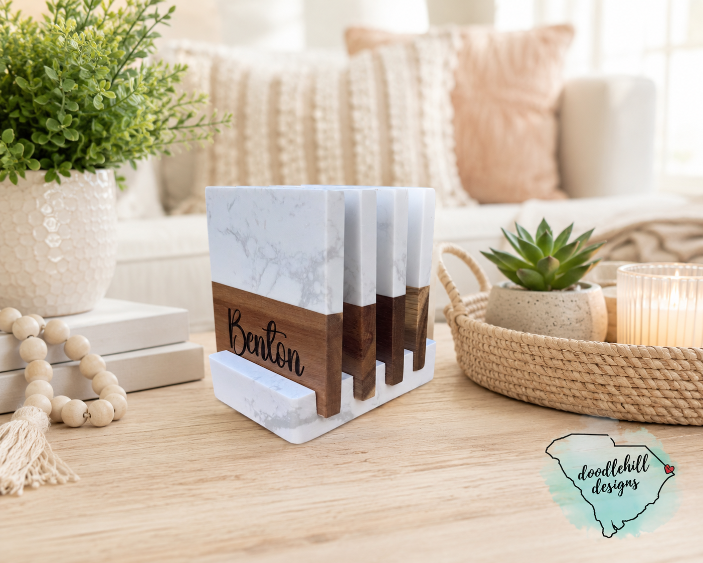 Personalized Marble & Acacia Wood Coaster Set with Marble Stand | Engraved 4x4 Coasters | Custom Housewarming Gift | Wedding Gift Set