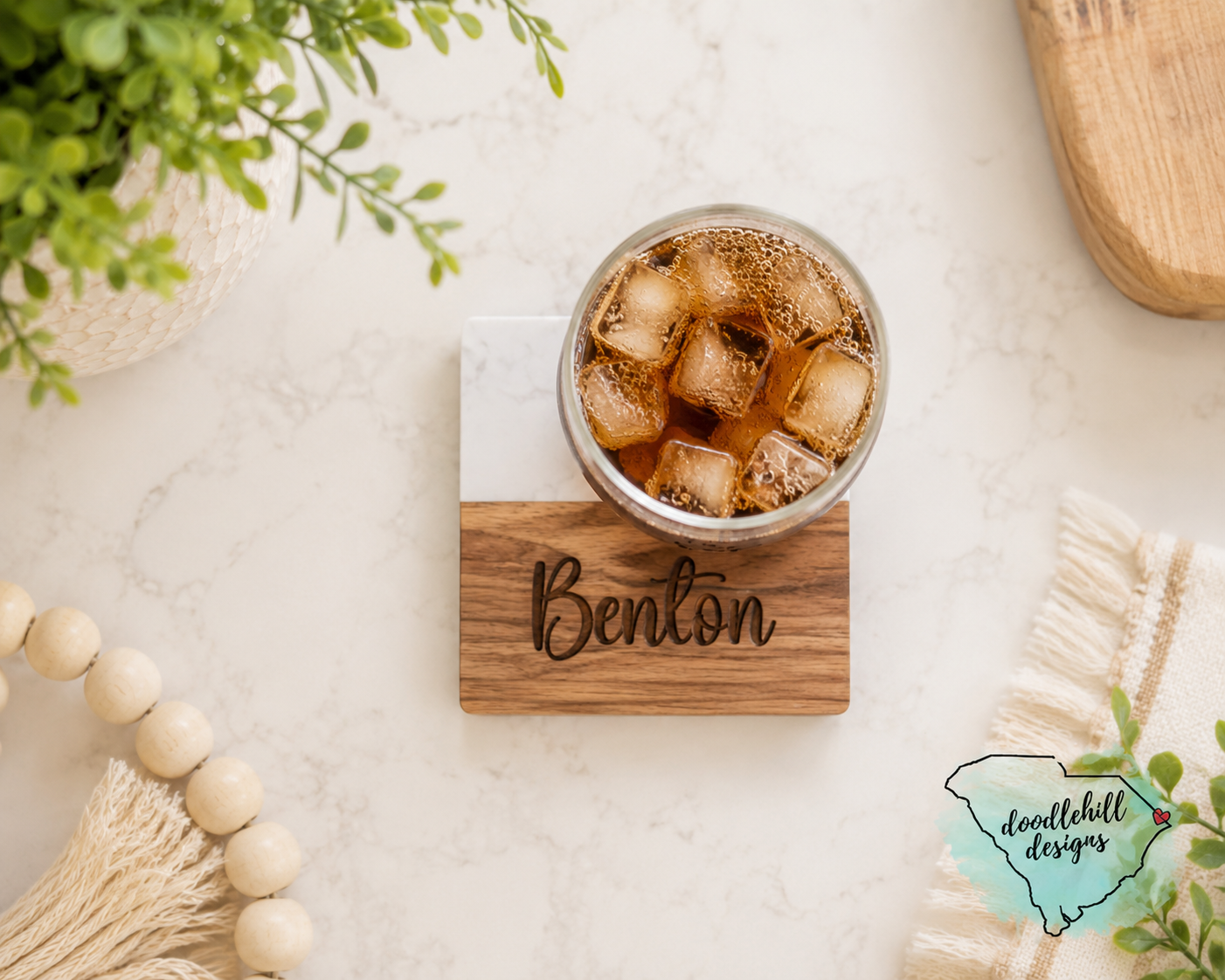 Personalized Marble & Acacia Wood Coaster Set with Marble Stand | Engraved 4x4 Coasters | Custom Housewarming Gift | Wedding Gift Set