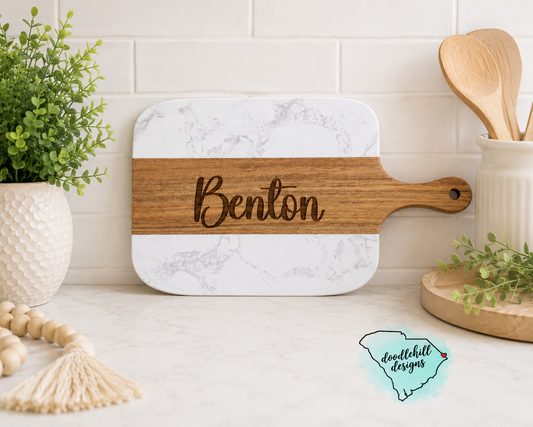 Custom Marble & Acacia Wood Serving Board Set with 4 Cheese Tools | Personalized Charcuterie Board | Engraved Serving Tray | Housewarming Gift | Wedding Gift