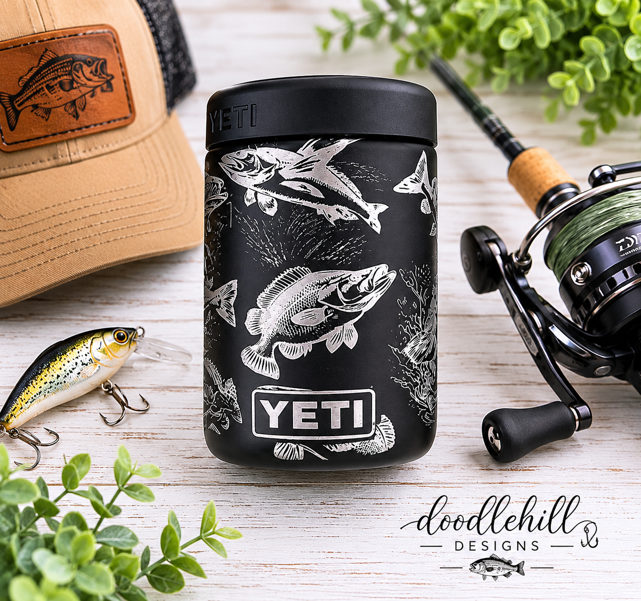Fishing theme Yeti Colster | Laser Engraved Fish Koozie | Skinny Can Holder or 12 oz Can Cooler | Fisherman Gift | Lake Life Drink Holder