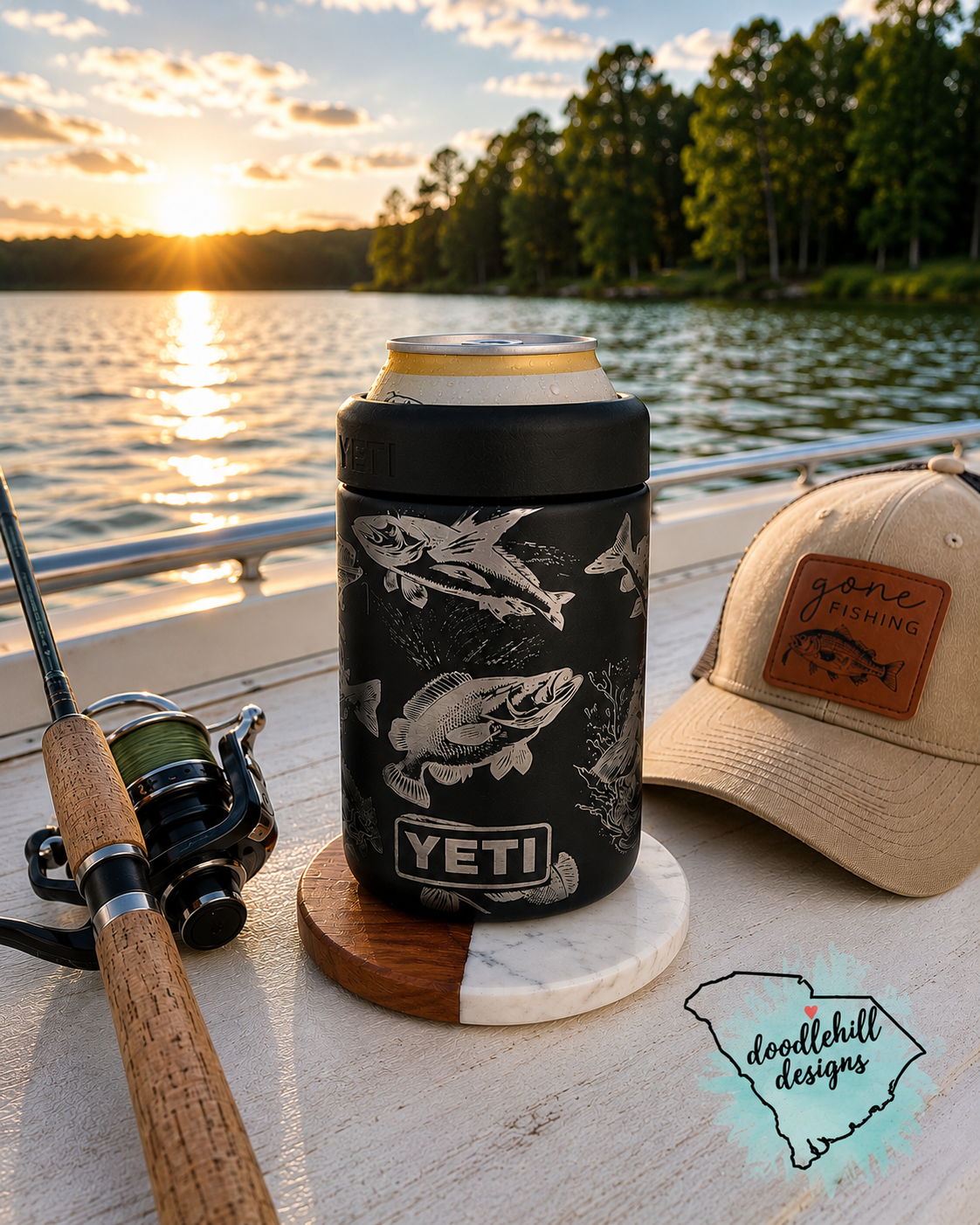 Fishing theme Yeti Colster | Laser Engraved Fish Koozie | Skinny Can Holder or 12 oz Can Cooler | Fisherman Gift | Lake Life Drink Holder