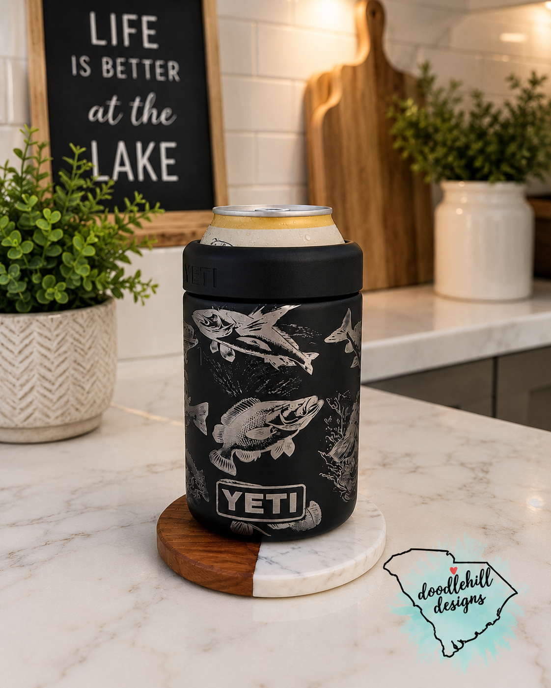Fishing theme Yeti Colster | Laser Engraved Fish Koozie | Skinny Can Holder or 12 oz Can Cooler | Fisherman Gift | Lake Life Drink Holder