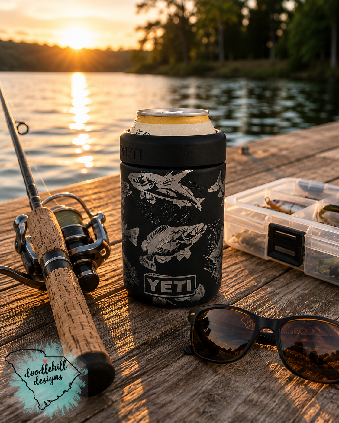 Fishing theme Yeti Colster | Laser Engraved Fish Koozie | Skinny Can Holder or 12 oz Can Cooler | Fisherman Gift | Lake Life Drink Holder