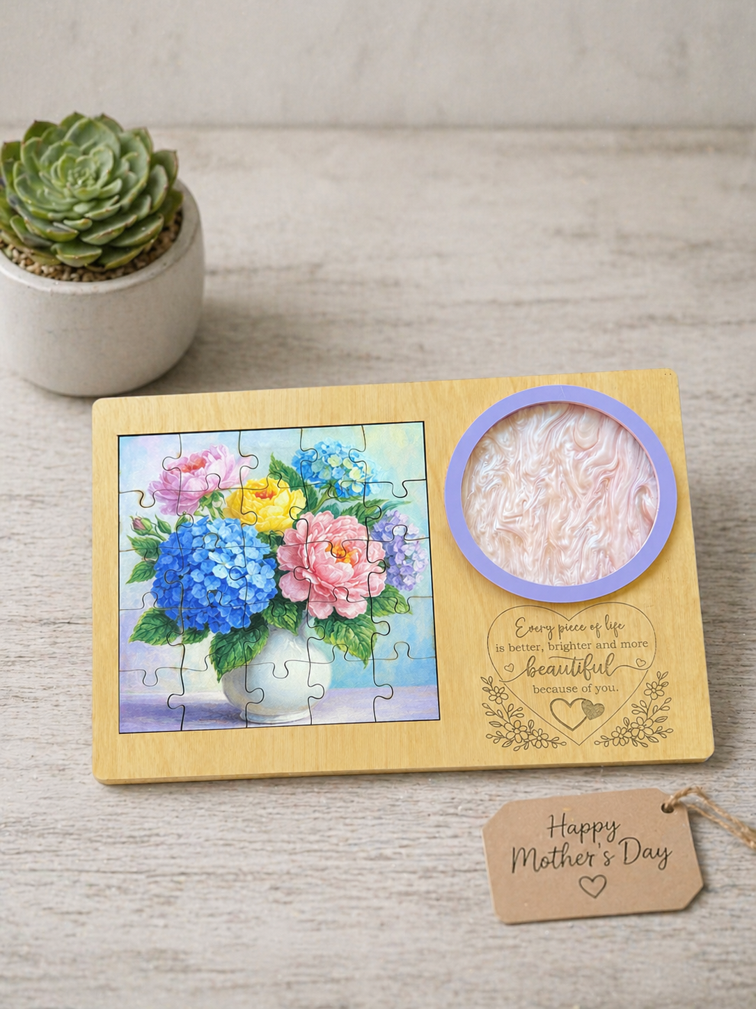 Mother’s Day Puzzle Coaster Card Gift | Engraved Wooden Keepsake Card with Floral Puzzle & Coaster | Unique Gift for Mom & Grandma or someone special