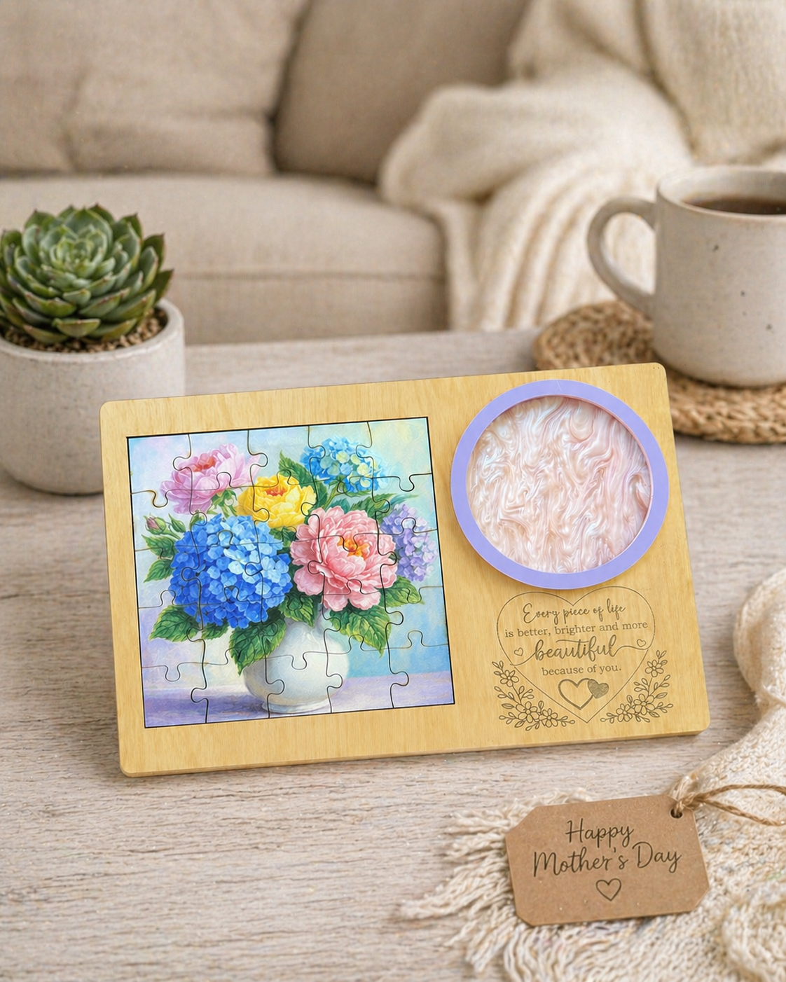 Mother’s Day Puzzle Coaster Card Gift | Engraved Wooden Keepsake Card with Floral Puzzle & Coaster | Unique Gift for Mom & Grandma or someone special