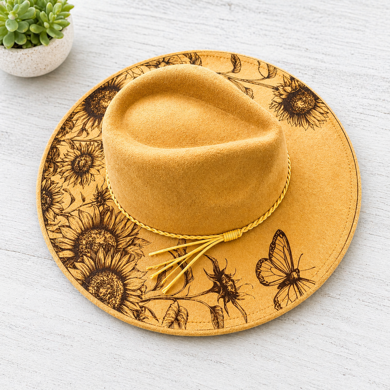 Mustard Suede Wide Brim Hat with Sunflower Design | Adjustable Western Hat | Boho Rancher Hat