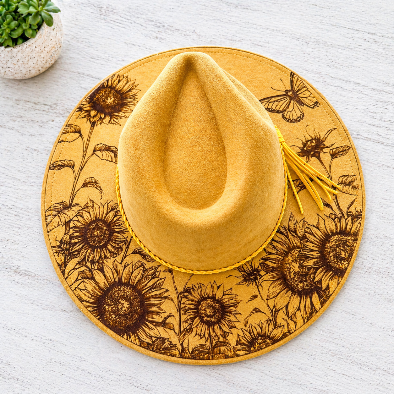 Mustard Suede Wide Brim Hat with Sunflower Design | Adjustable Western Hat | Boho Rancher Hat