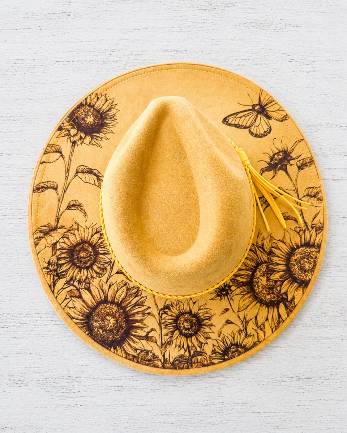 Mustard Suede Wide Brim Hat with Sunflower Design | Adjustable Western Hat | Boho Rancher Hat