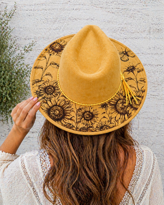 Mustard Suede Wide Brim Hat with Sunflower Design | Adjustable Western Hat | Boho Rancher Hat