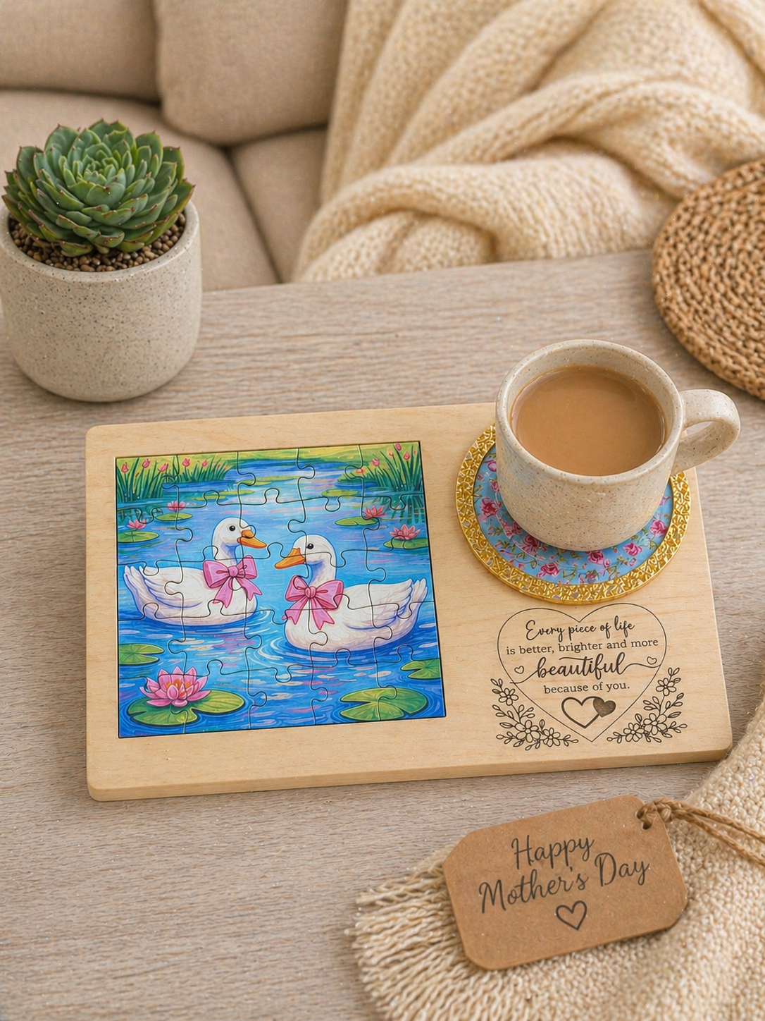 Mother’s Day Puzzle Coaster Card Gift | Engraved Wooden Keepsake Card with Floral Puzzle & Coaster | Unique Gift for Mom & Grandma or someone special