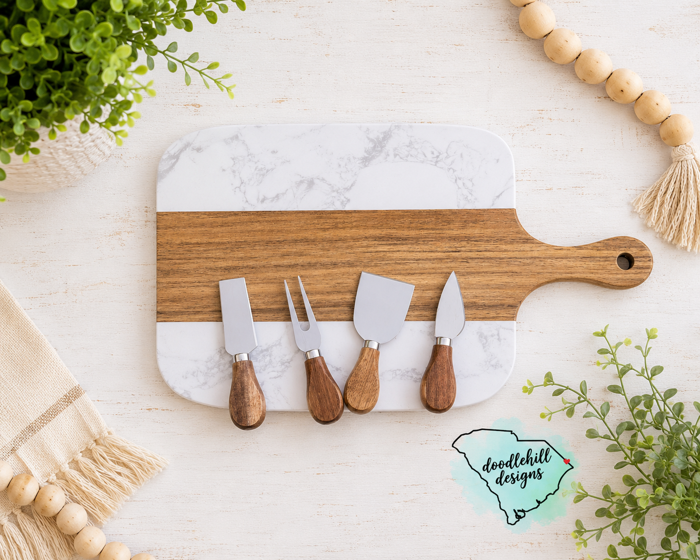 Custom Marble & Acacia Wood Serving Board Set with 4 Cheese Tools | Personalized Charcuterie Board | Engraved Serving Tray | Housewarming Gift | Wedding Gift