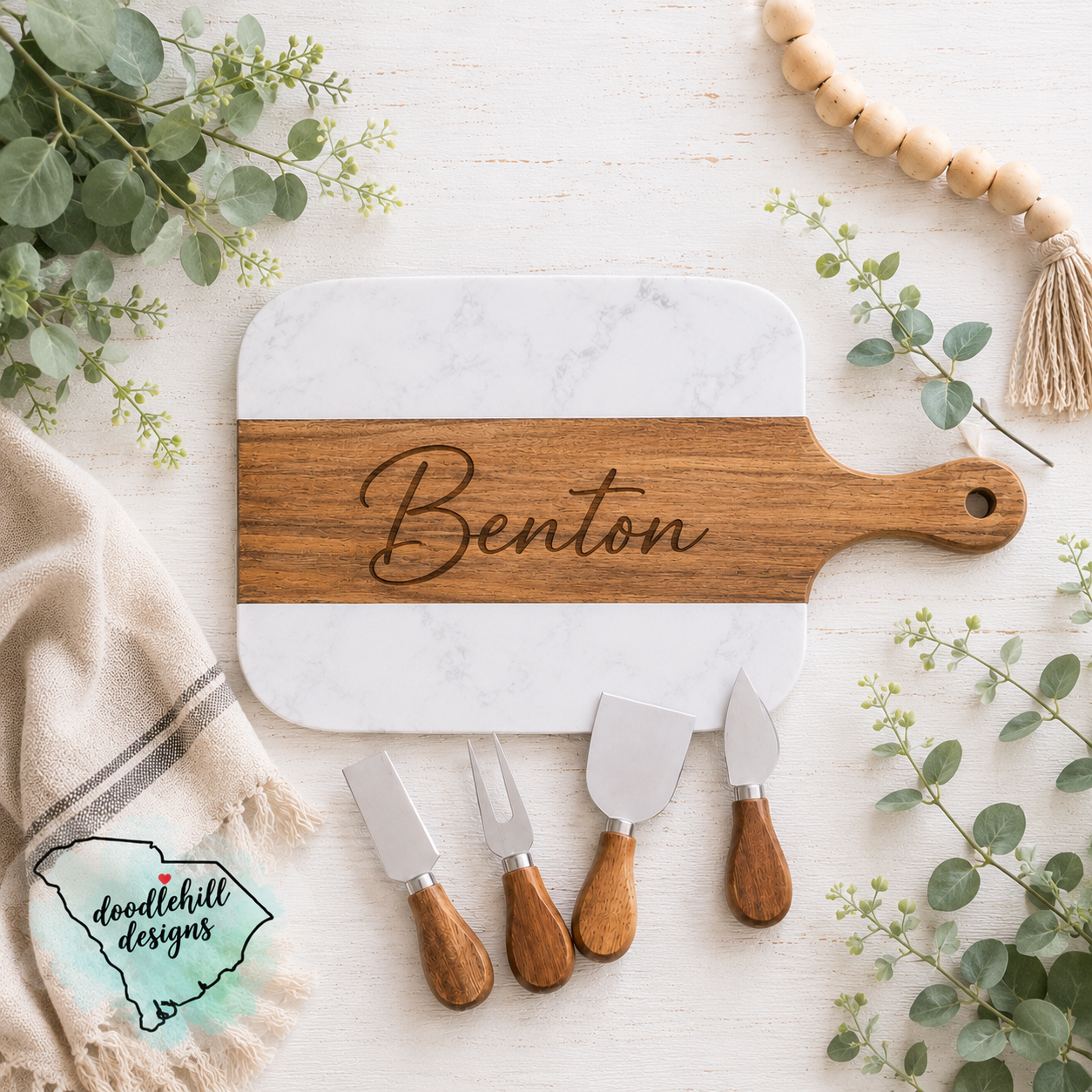 Custom Marble & Acacia Wood Serving Board Set with 4 Cheese Tools | Personalized Charcuterie Board | Engraved Serving Tray | Housewarming Gift | Wedding Gift