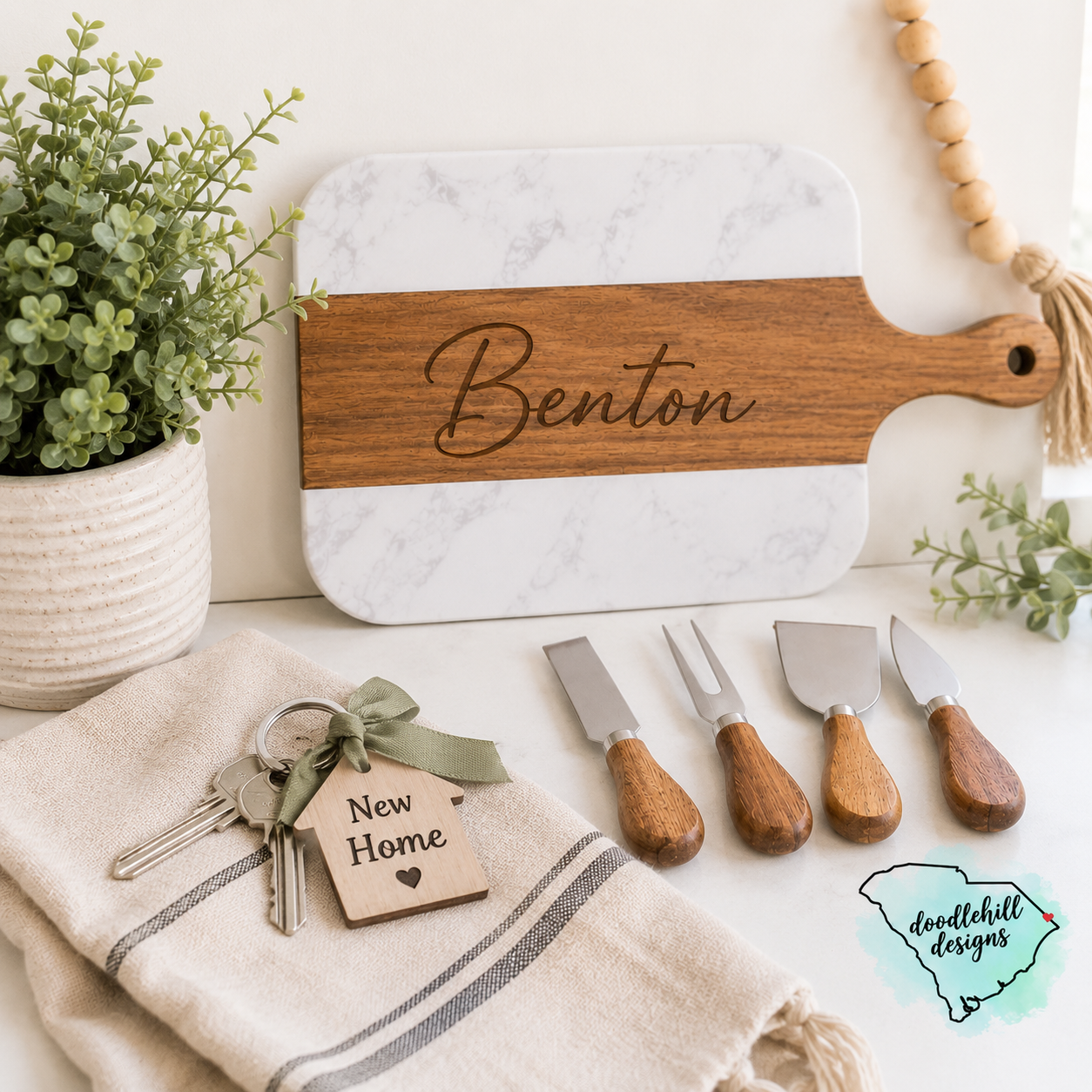 Custom Marble & Acacia Wood Serving Board Set with 4 Cheese Tools | Personalized Charcuterie Board | Engraved Serving Tray | Housewarming Gift | Wedding Gift