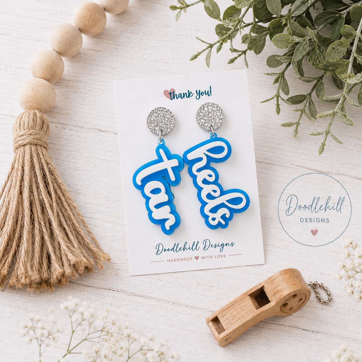 Tar Heel | Custom School Spirit Name Earrings | Personalized Game Day Earrings | Custom Team Color Acrylic Earrings | School Mascot Earrings | Lightweight Spirit Wear Earrings