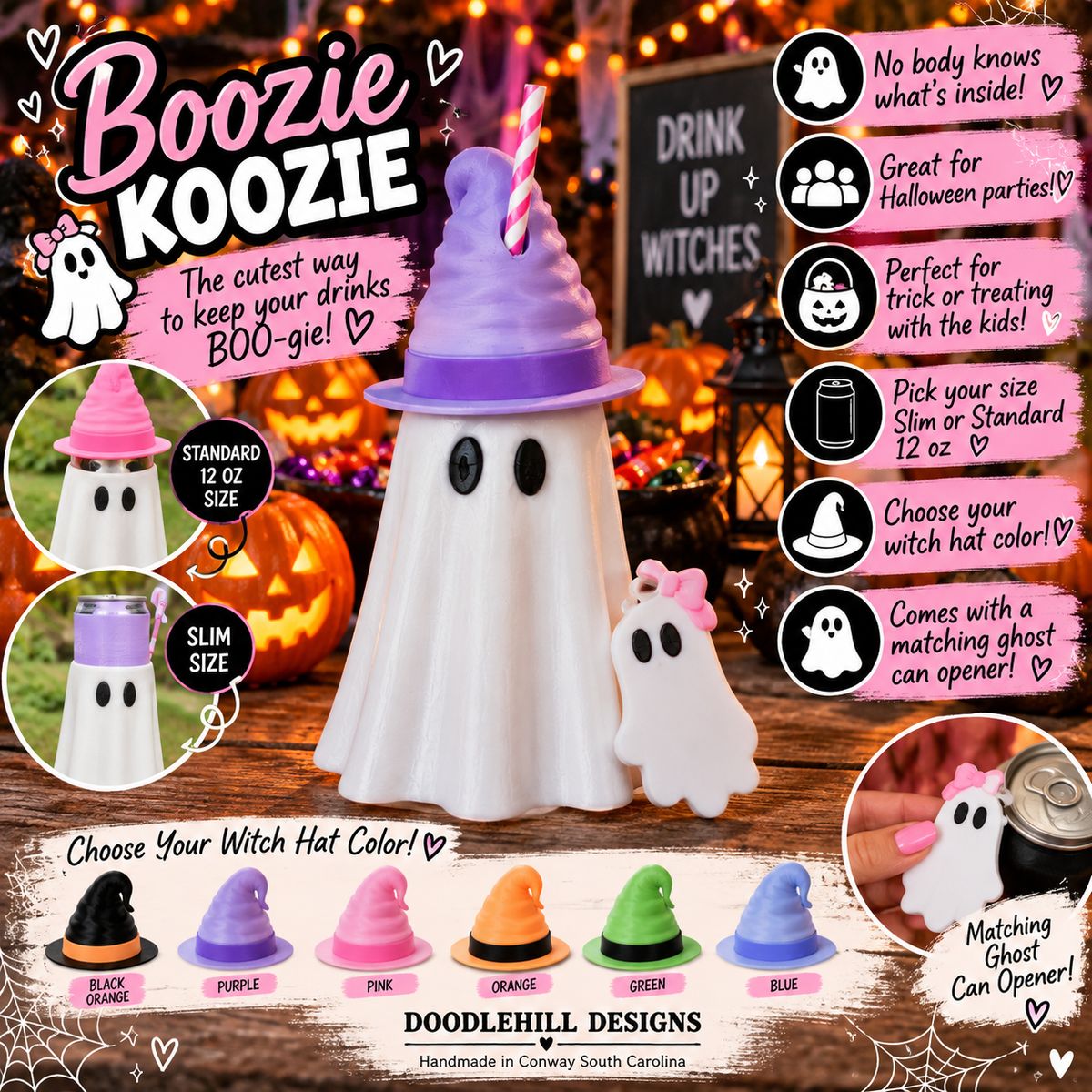 Boozie Ghost Can sleeve with Witch hat and can opener