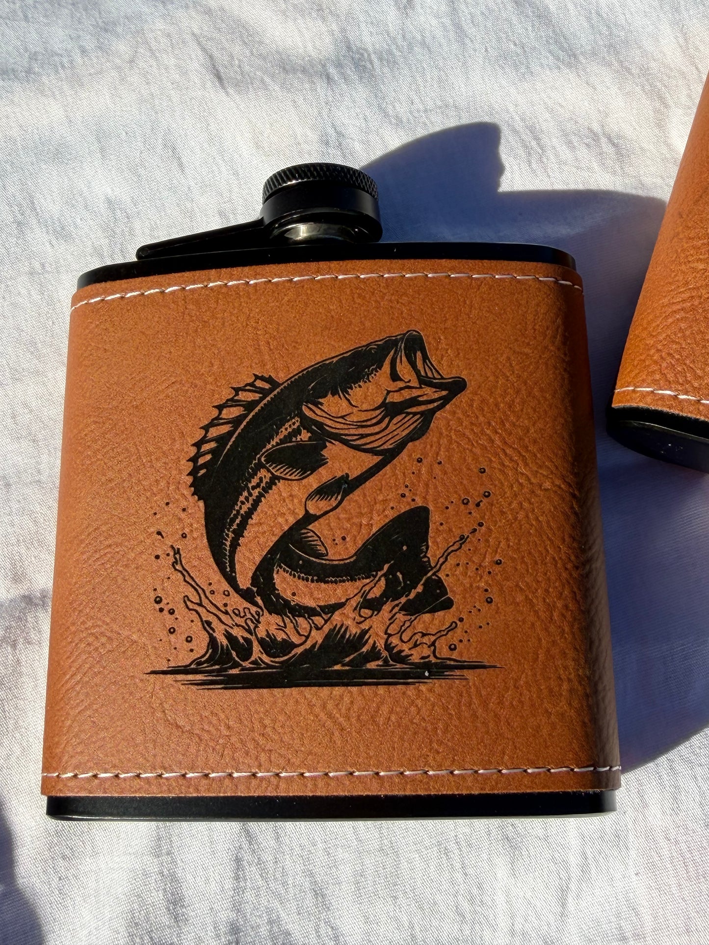 8oz Leatherette Wildlife Flask – Deer & Bass Engraved Flask | Hunting & Fishing Gifts | Outdoorsman Gift | Insulated Pocket Flask for Men