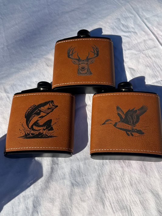 8oz Leatherette Wildlife Flask – Deer & Bass Engraved Flask | Hunting & Fishing Gifts | Outdoorsman Gift | Insulated Pocket Flask for Men