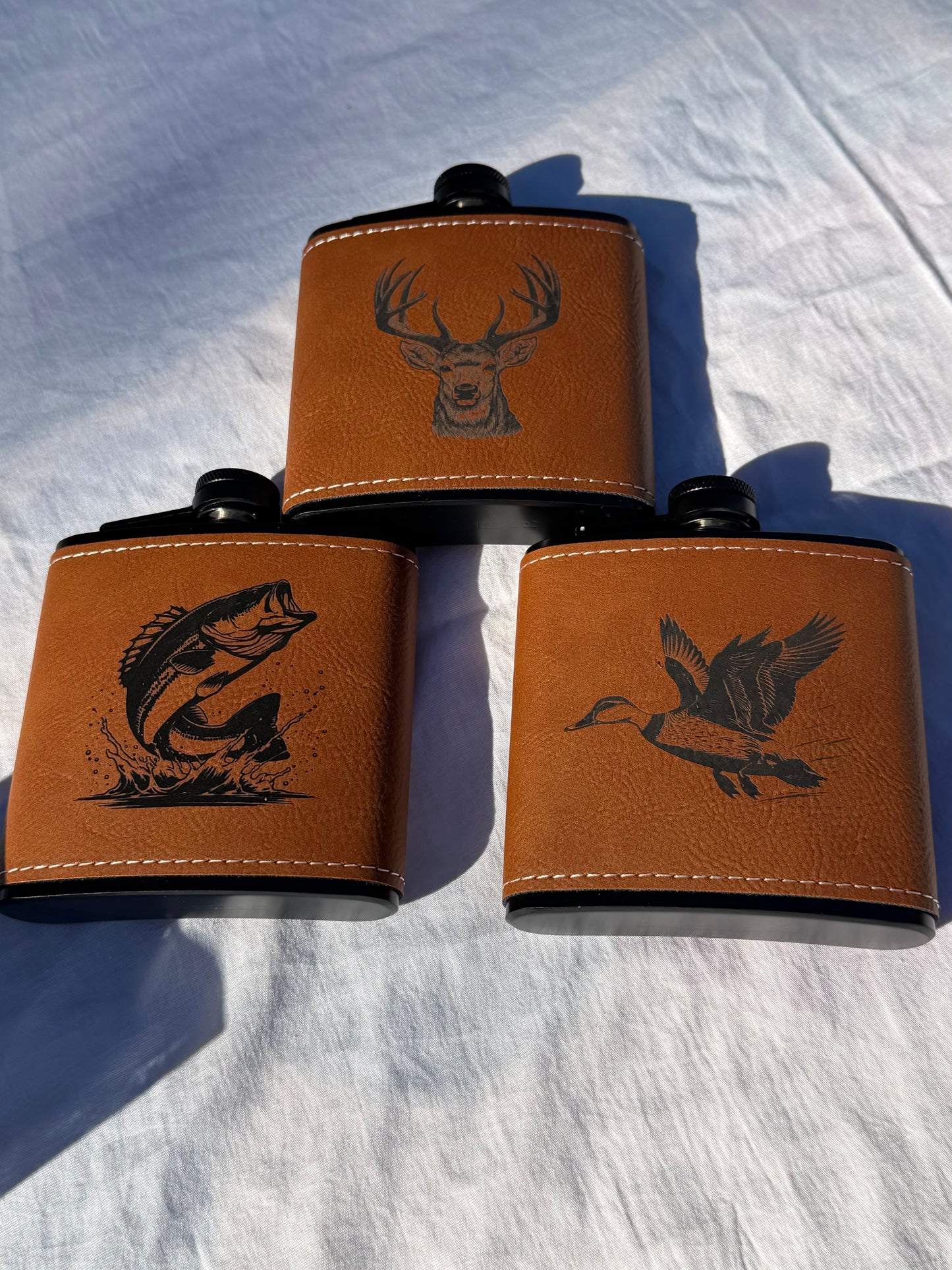 8oz Leatherette Wildlife Flask – Deer & Bass Engraved Flask | Hunting & Fishing Gifts | Outdoorsman Gift | Insulated Pocket Flask for Men